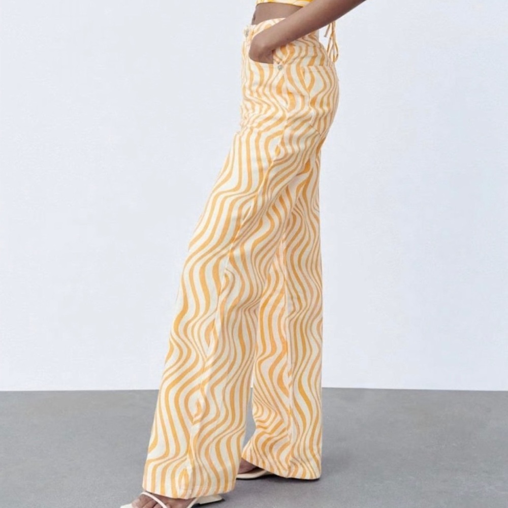 Zara High Rise Full Length Orange Swirl Printed Jeans US 4 (27)